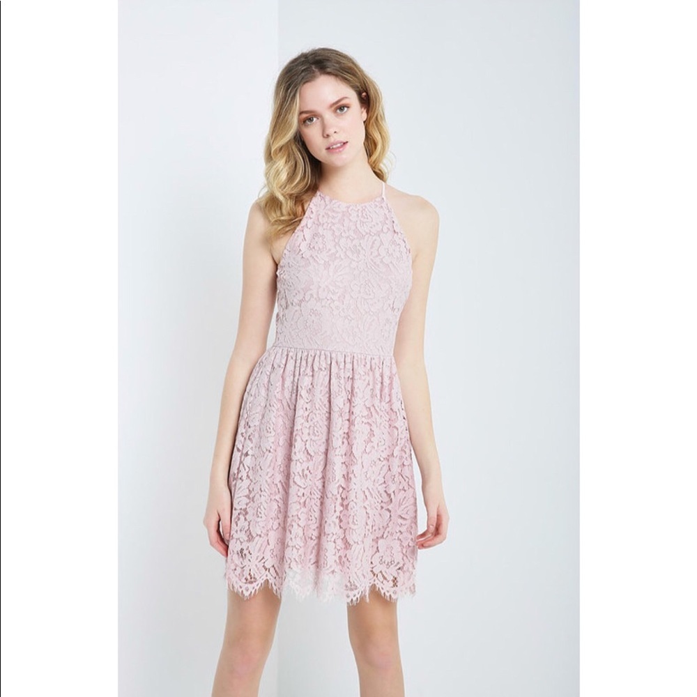 Mauve High Neck Scallop Hemline Lace Dress